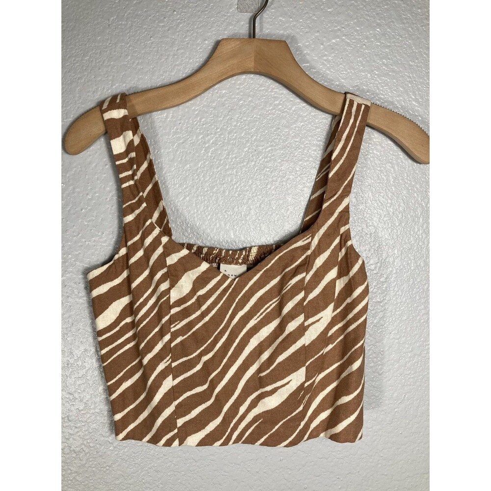 A New Day Women XS Linen Blend Crop Top Brown Cream Sweetheart Neck Smocked Back